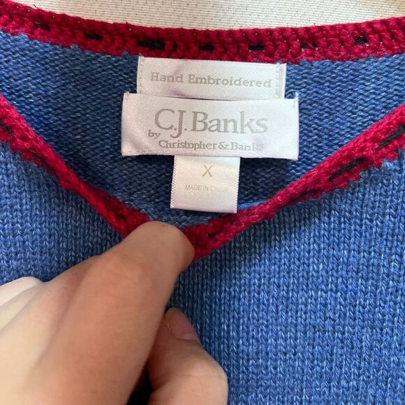 C.J. Banks Womens Holiday Sweater Size X Blue Christmas Snowman Hand Embroidered - Picture 2 of 12